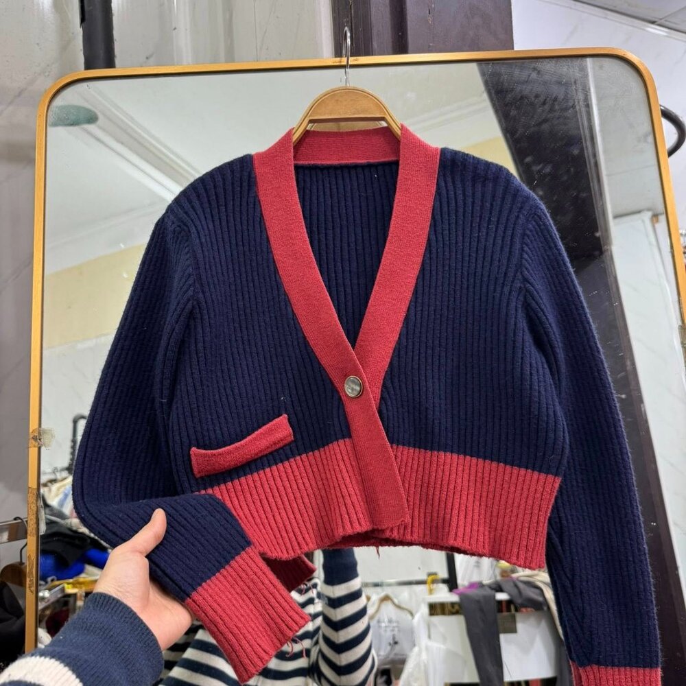 Navy Red Color Block Ribbed Knit Cardigan V-Neck Cropped Sweater